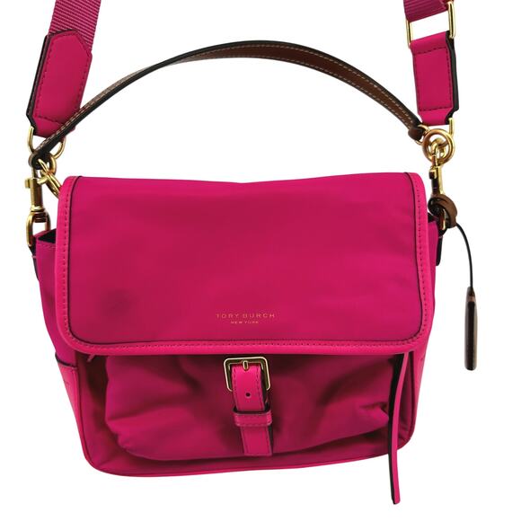 Tory Burch Perry Nylon Crossbody Bag Logo Charm Strap Leather Trim Pink One Size - Picture 2 of 10